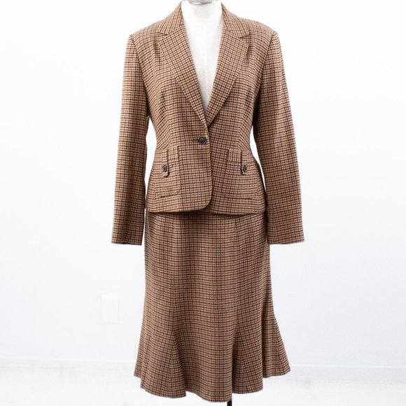 Vintage Dresses & Skirts - Vintage 90s M Wool Plaid Blazer Skirt Suit Brown